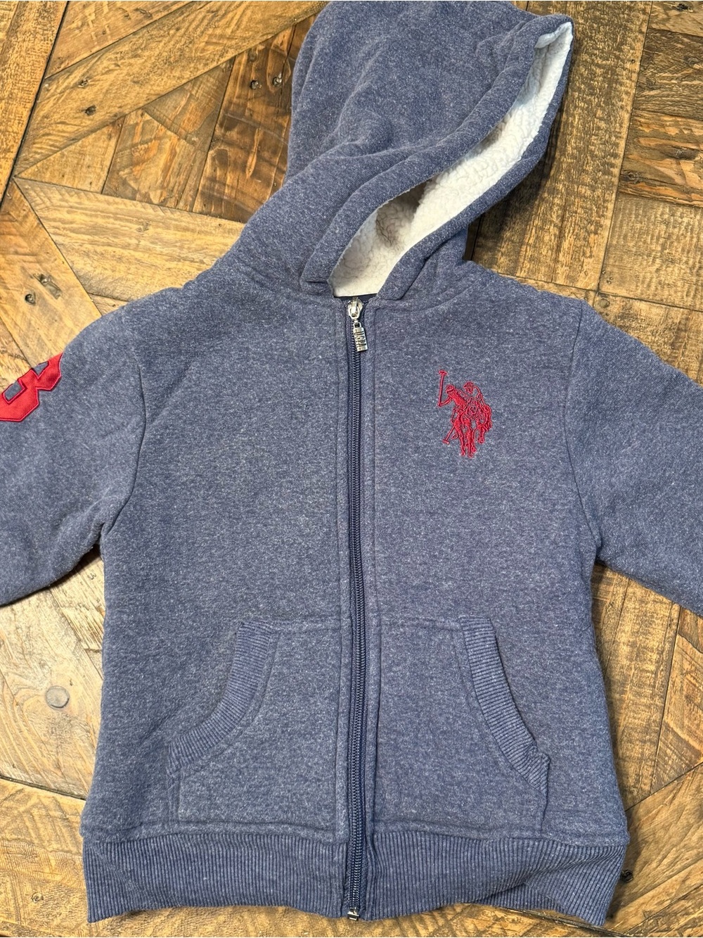 U.S. Polo Assn. Boys L Sherpa Lined Full Zip Hoodie Jacket Navy Blue Preppy